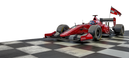Red formula one racing car crossing checkered finish line, cut out - stock .. png