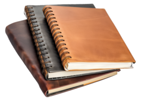 Three leather bound notebooks stacked on top of each other - stock .. png