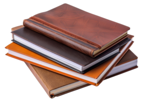 A stack of leather bound books with a brown cover - stock .. png