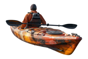 Man kayaking in orange kayak with paddles, cut out - stock .. png