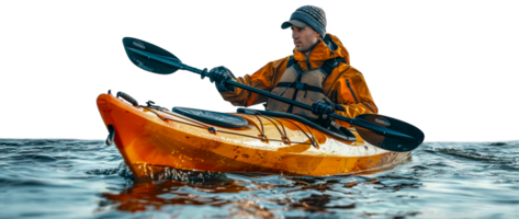 Paddler in action on orange kayak in water, cut out - stock .. png