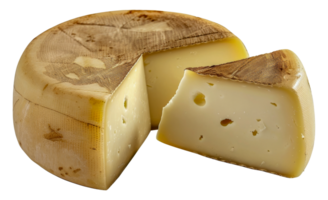 A slice of cheese is cut from a large cheese wheel - stock .. png