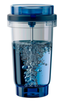 Blue water filter cartridge in action with bubbles, cut out - stock . png