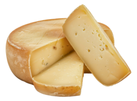 A slice of cheese is cut in half, revealing the creamy interior - stock .. png