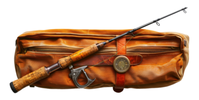 Antique fishing rod and reel on a canvas case, cut out - stock .. png