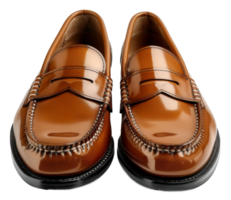 Polished brown leather loafers on transparent background - stock . png