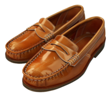 Polished brown leather loafers on transparent background - stock . png