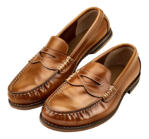 Polished brown leather loafers on transparent background - stock . png