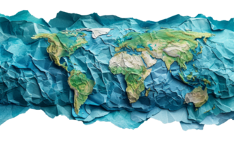 Textured crumpled paper world map, cut out - stock .. png