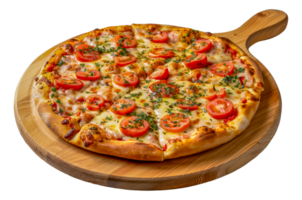 A pizza with tomatoes and cheese on a wooden board - stock .. png