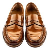 Polished brown leather loafers on transparent background - stock . png