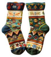 Two colorful socks with a pattern of flowers and trees - stock .. png