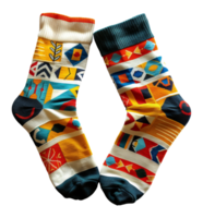 Two colorful socks with a variety of patterns and designs - stock .. png