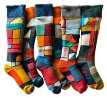 A row of colorful socks with different patterns and colors - stock .. png