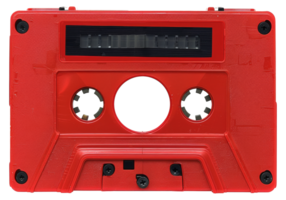 A red plastic cassette tape with a black label - stock .. png