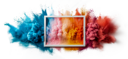 Artistic colorful smoke explosion surrounding a frame, cut out - stock .. png