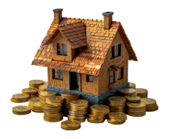 Miniature house surrounded by stacks of coins, cut out - stock .. png