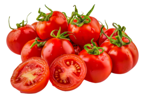 A bunch of ripe red tomatoes with one of them cut in half - stock .. png