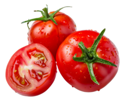 Three ripe red tomatoes are shown, one of which is cut in half - stock .. png