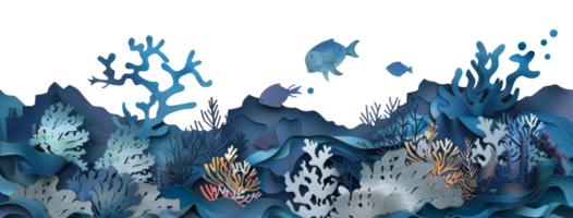 Vibrant paper cut aquarium scene with fish and corals, cut out - stock . png
