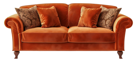 un' grande arancia divano con Marrone cuscini e un' Marrone e bianca modello - azione .. png