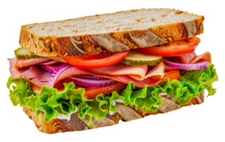 A sandwich with meat, lettuce, tomato, and pickles - stock .. png