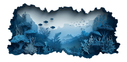 Vibrant paper cut aquarium scene with fish and corals, cut out - stock . png