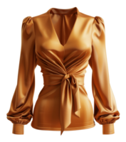 Silky shiny golden blouse with front knot design on transparent background - stock .. png