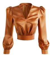 Elegant satin orange blouse with puff sleeves on transparent background - stock . png