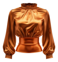 Elegant satin golden blouse with ruffled neck on transparent background - stock .. png