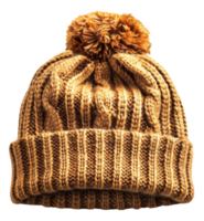 Mustard yellow knitted hat with fluffy pom on top on transparent background - stock .. png