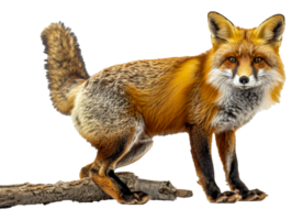 A fox is standing on a branch, looking at the camera - stock . png