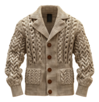 Tan shawl collar cardigan with cable knit design on transparent background - stock .. png