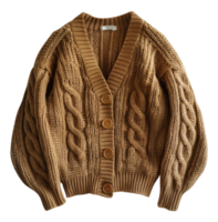 Tan shawl collar cardigan with cable knit design on transparent background - stock . png
