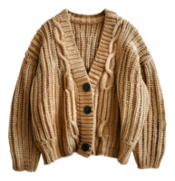 Tan shawl collar cardigan with cable knit design on transparent background - stock . png