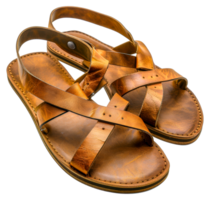 Two brown sandals with a leather strap and a buckle - stock .. png