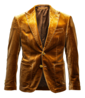 Golden velvet single-breasted blazer with notched lapel on transparent background - stock . png