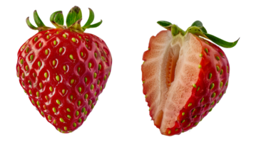 Two strawberries, one whole and one cut in half - stock .. png