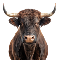 Majestic brown bull with long horns facing forward on transparent background - stock .. png