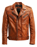 Tan leather motorcycle jacket with zipper details on transparent background - stock . png