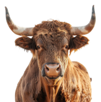 Majestic brown bull with long horns facing forward on transparent background - stock .. png