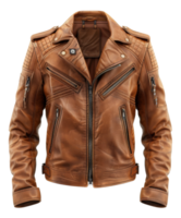 Tan leather motorcycle jacket with zipper details on transparent background - stock . png