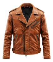 Rustic orange leather biker jacket with vintage finish on transparent background - stock .. png