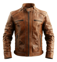 Tan leather motorcycle jacket with zipper details on transparent background - stock . png
