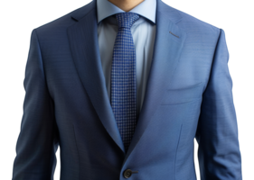 A man in a blue suit and tie is wearing a tie with a pattern of squares - stock .. png