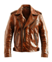 Tan leather motorcycle jacket with zipper details on transparent background - stock . png