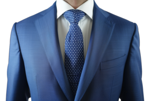 A man in a blue suit and white shirt is wearing a blue tie with white dots - stock .. png