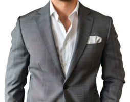 A man in a gray suit and white shirt is wearing a pocket square - stock .. png