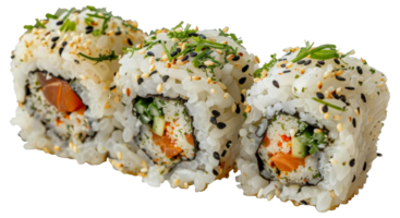 Three sushi rolls with a variety of ingredients including salmon, cucumber - stock .. png