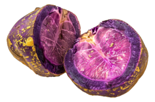 A purple potato is cut in half, revealing a gold-colored interior - stock .. png